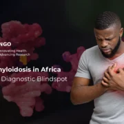 Man clutching chest in pain symbolizing cardiac amyloidosis, with CRK NGO logo and title “Cardiac Amyloidosis in Africa – Closing the Diagnostic Blindspot.
