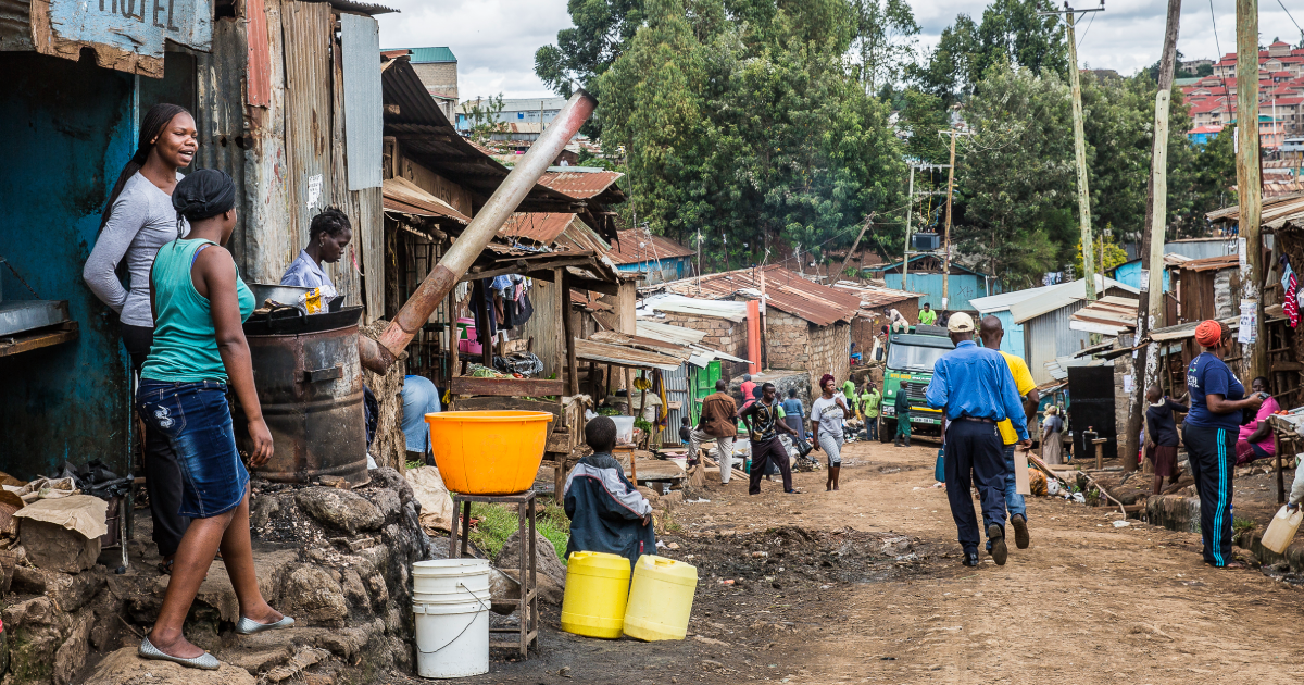 Street scene in Nairobi’s informal settlement showing daily life in Kibera slum