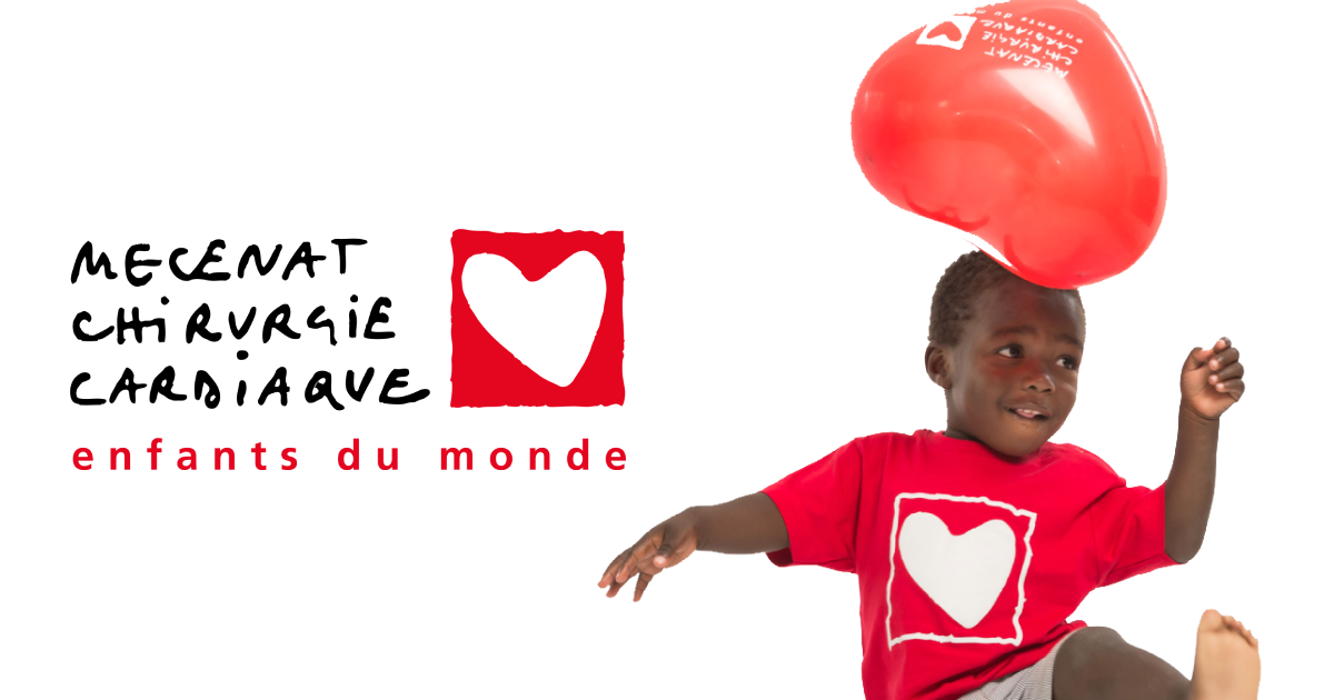 Mécénat Chirurgie Cardiaque logo with child playing with a heart balloon.