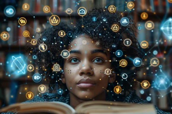 Young woman visualizing digital knowledge networks, symbolizing healthcare research, innovation, and knowledge sharing in Kenya